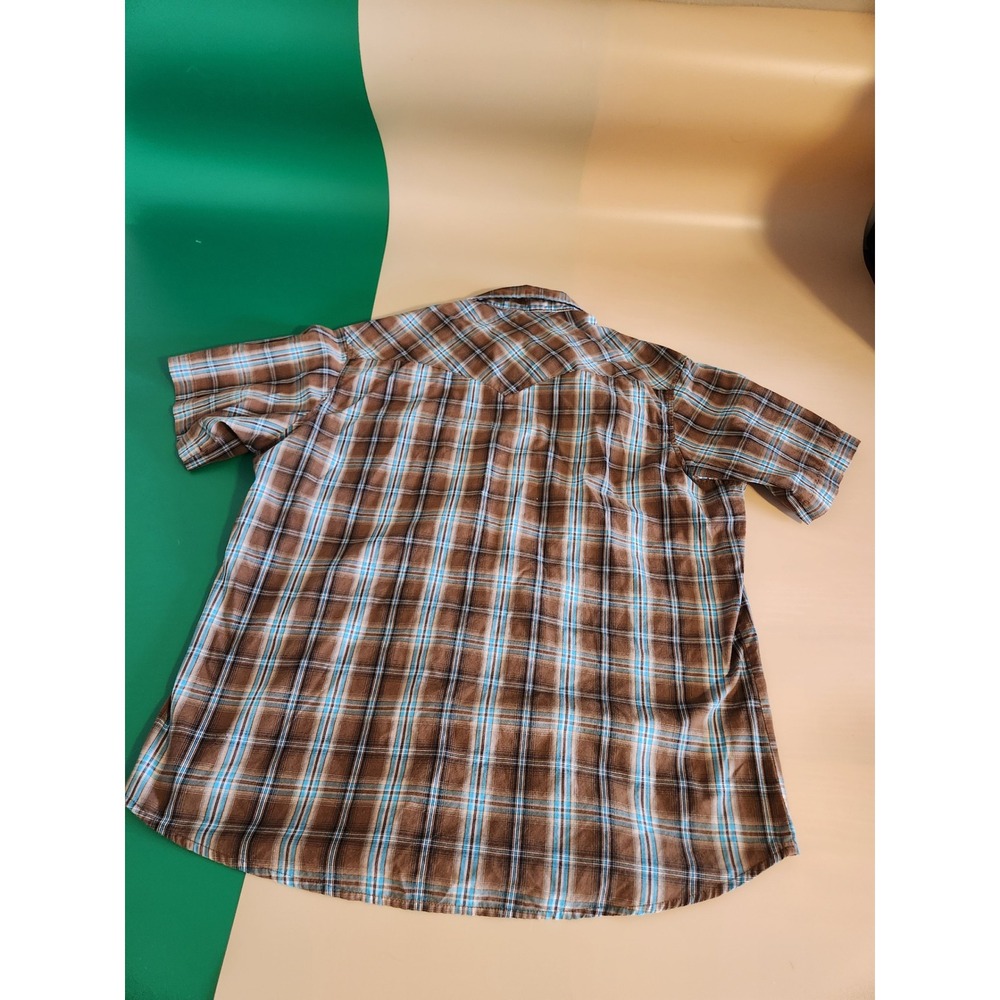 Wrangler Western Snap Mens XL Brown Turquoise Plaid Short Sleeve Pearl Snap - Picture 2 of 6